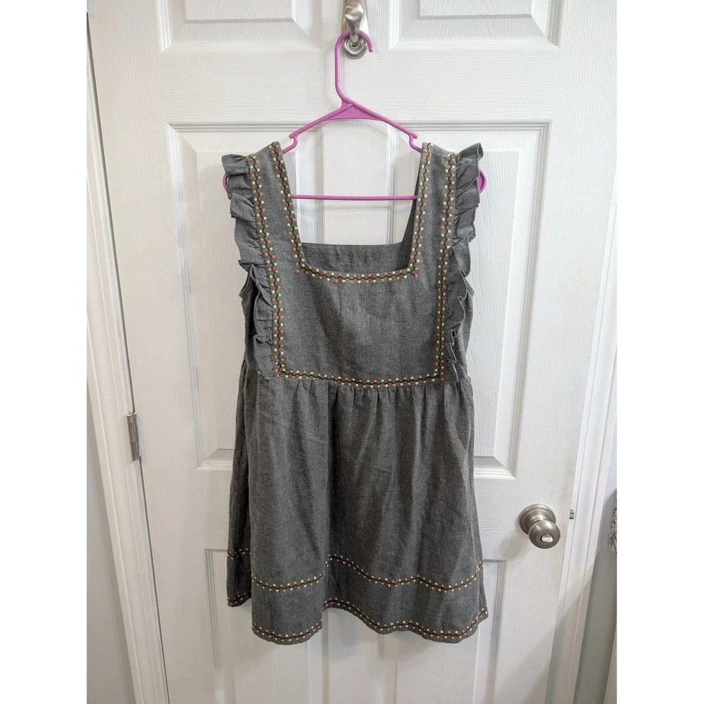 Leandra Medine x Mango Dress Womens Grey‎ Embroidered Ruffle Folk - Size M